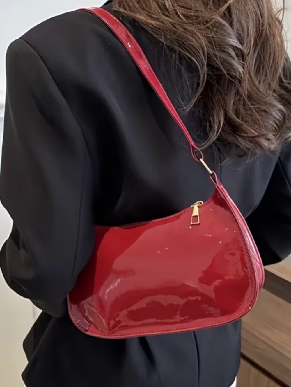 Burgundy Patent Shoulder Bag - Women's Stylish Carryall